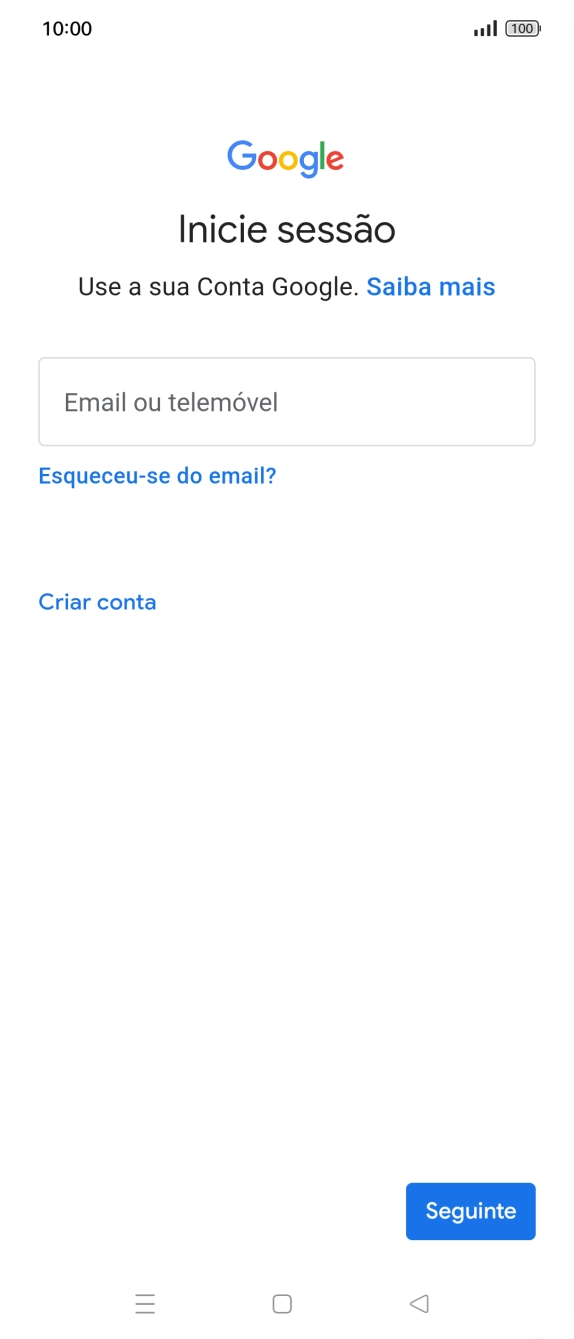 Se não tiver uma conta Google, prima Criar conta e siga as indicações no ecrã para criar uma conta.