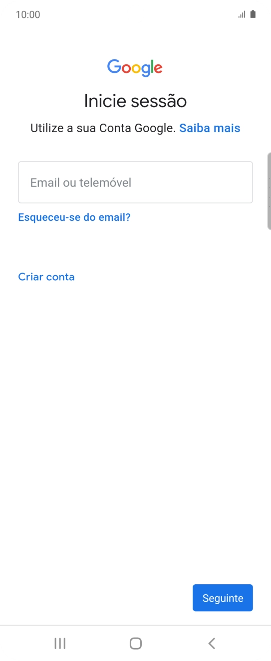 Se não tiver uma conta Google, prima Criar conta e siga as indicações no ecrã para criar uma conta.