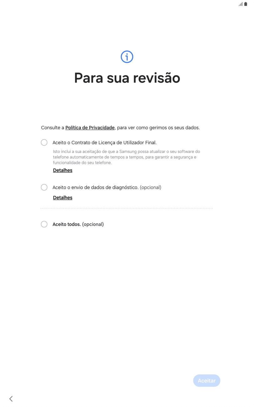 Prima o campo ao lado das definições pretendidas para as selecionar.
