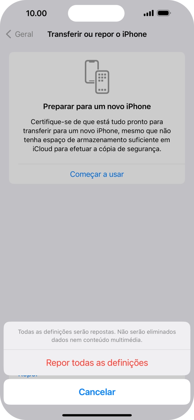 Prima Repor todas as definições.