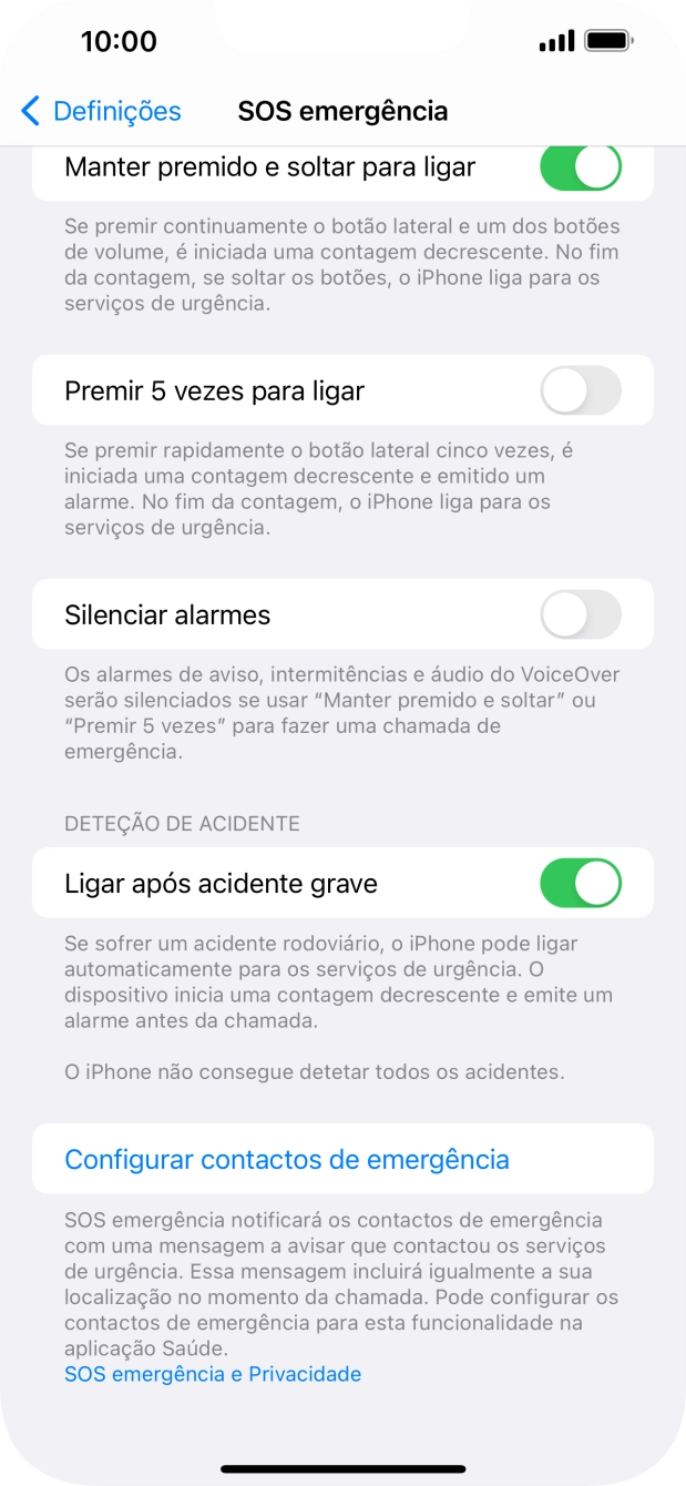 Prima Configurar contactos de emergência e siga as indicações no ecrã para introduzir a sua informação de emergência e os seus contactos de emergência.