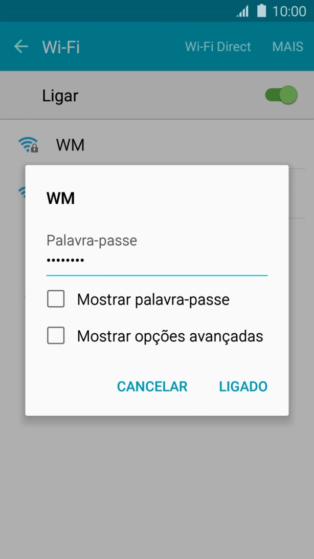Introduza a password da rede Wi-Fi e prima LIGADO.