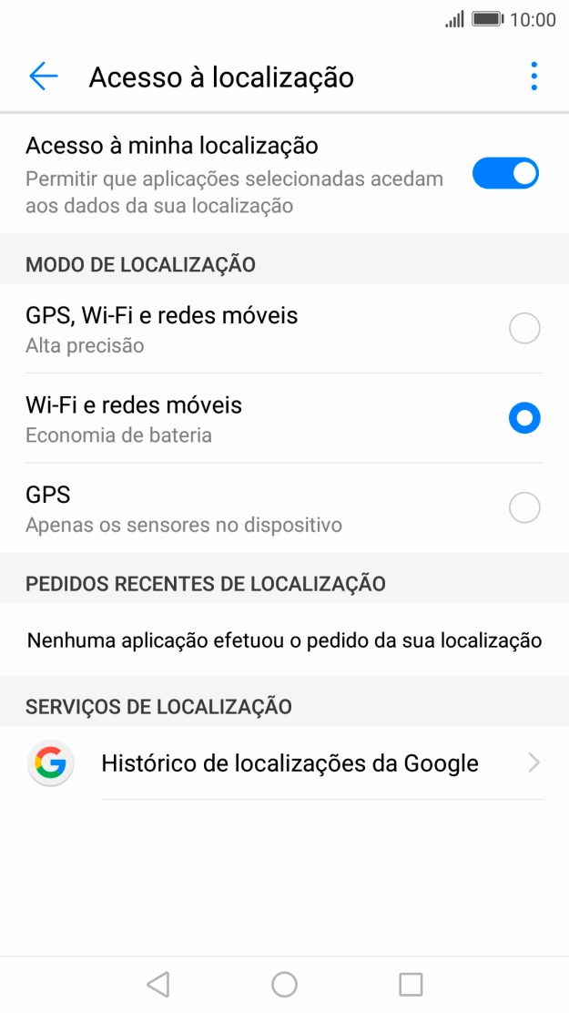 Se escolher GPS, Wi-Fi e redes móveis, o telefone irá encontrar a sua localização precisa utilizando os satélites GPS, a rede móvel e as redes Wi-Fi  nas proximidades. A navegação por satélite GPS requer vista livre ao céu.