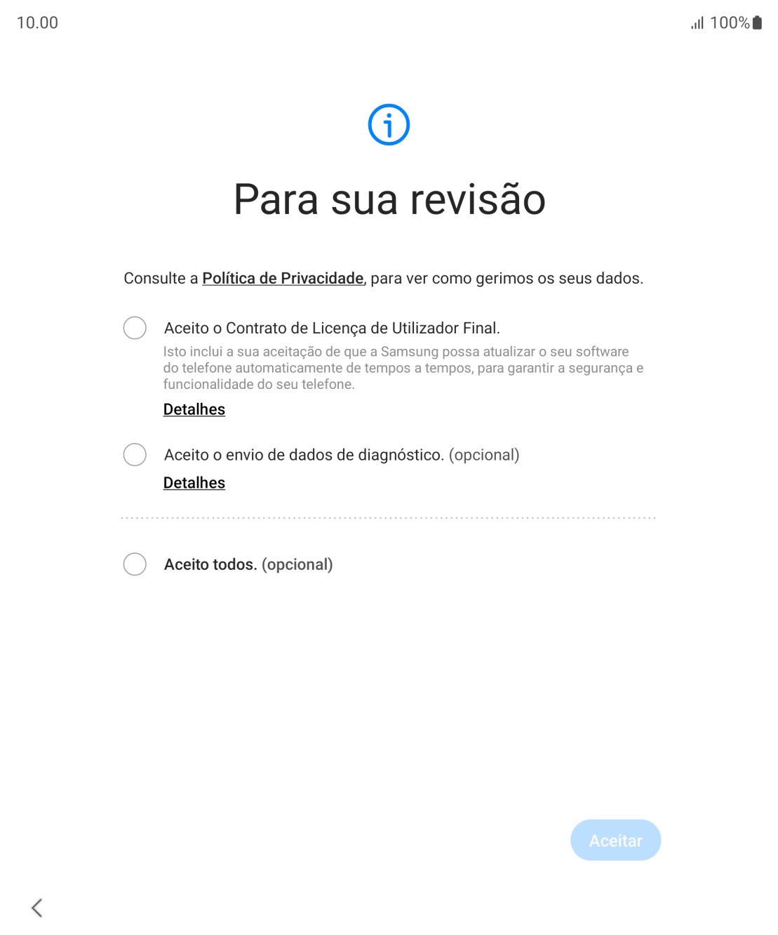 Prima o campo ao lado das definições pretendidas para as selecionar.
