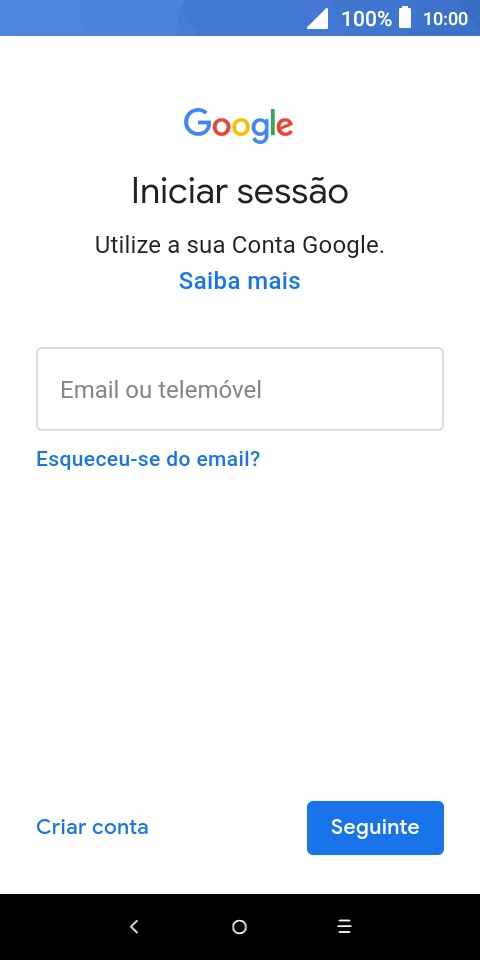 Se não tiver uma conta Google, prima Criar conta e siga as indicações no ecrã para criar uma conta.
