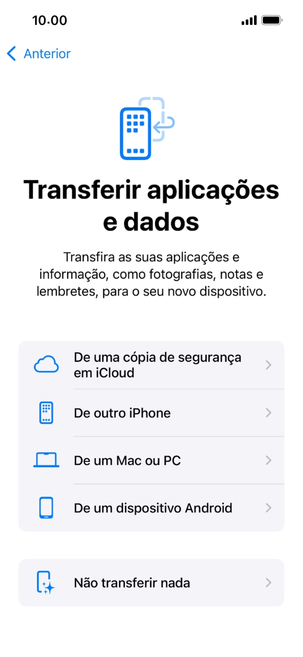 É possível transferir conteúdo de um telefone Android quando o telefone for ativado antes da primeira utilização e quando o telefone tiver sido reiniciado. Quando esta imagem for mostrada no ecrã, o telefone está pronto para transferir conteúdo de um telefone Android.