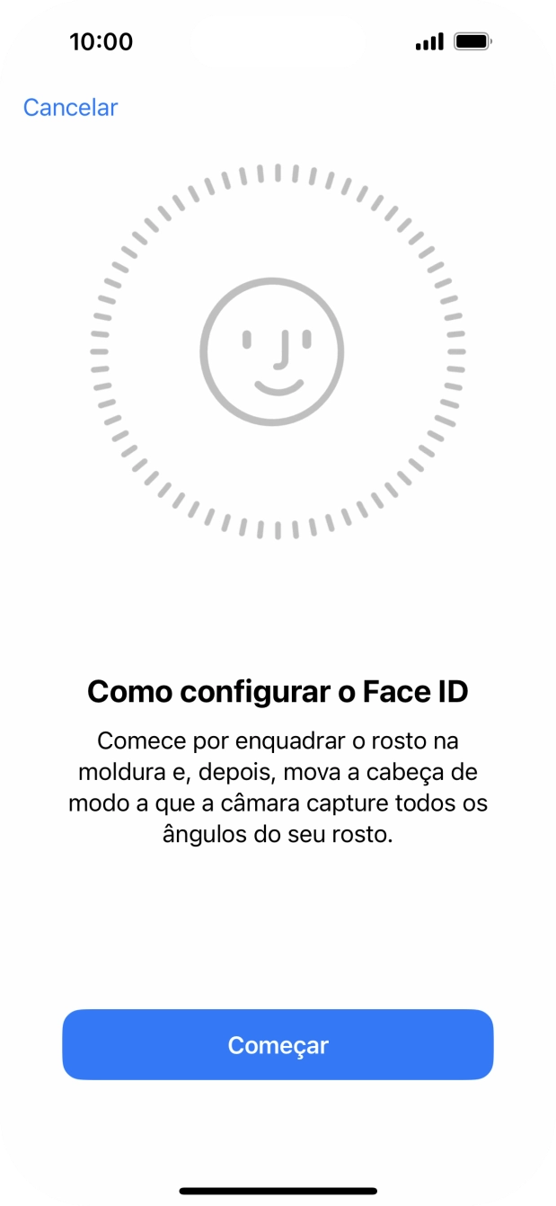 Prima Começar e siga as indicações no ecrã para estabelecer um código de reconhecimento facial (Face ID).