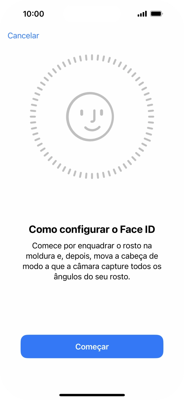 Prima Começar e siga as indicações no ecrã para estabelecer um código de reconhecimento facial (Face ID).