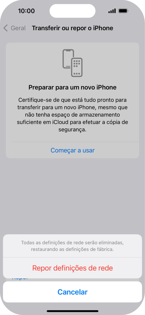 Prima Repor definições de rede.