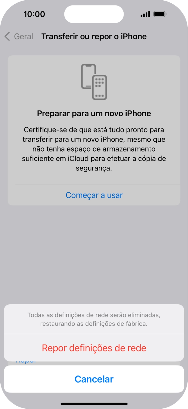 Prima Repor definições de rede.