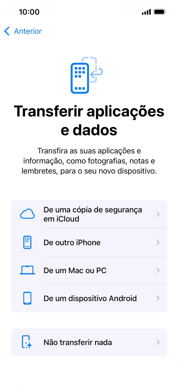 É possível transferir conteúdo de um telefone Android quando o telefone for ativado antes da primeira utilização e quando o telefone tiver sido reiniciado. Quando esta imagem for mostrada no ecrã, o telefone está pronto para transferir conteúdo de um telefone Android.