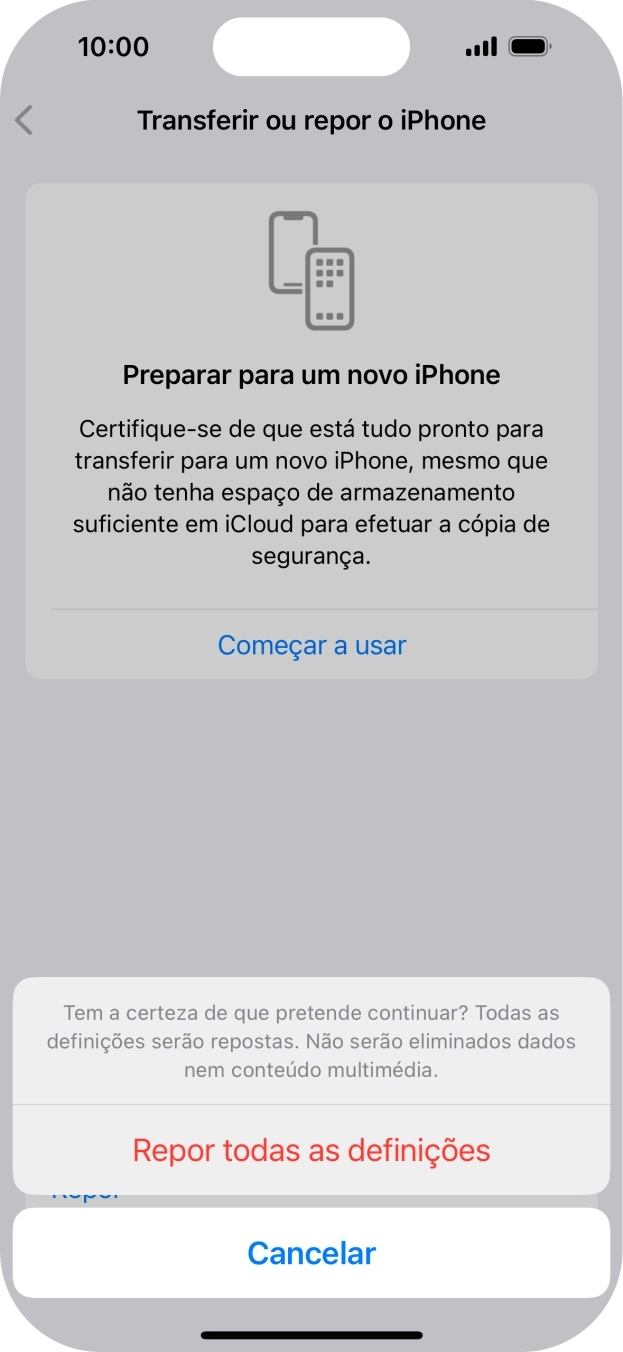 Prima Repor todas as definições. Aguarde um momento enquanto o telefone restabelece as definições originais. Siga as indicações no ecrã para configurar o telefone de modo que este fique pronto a ser utilizado.