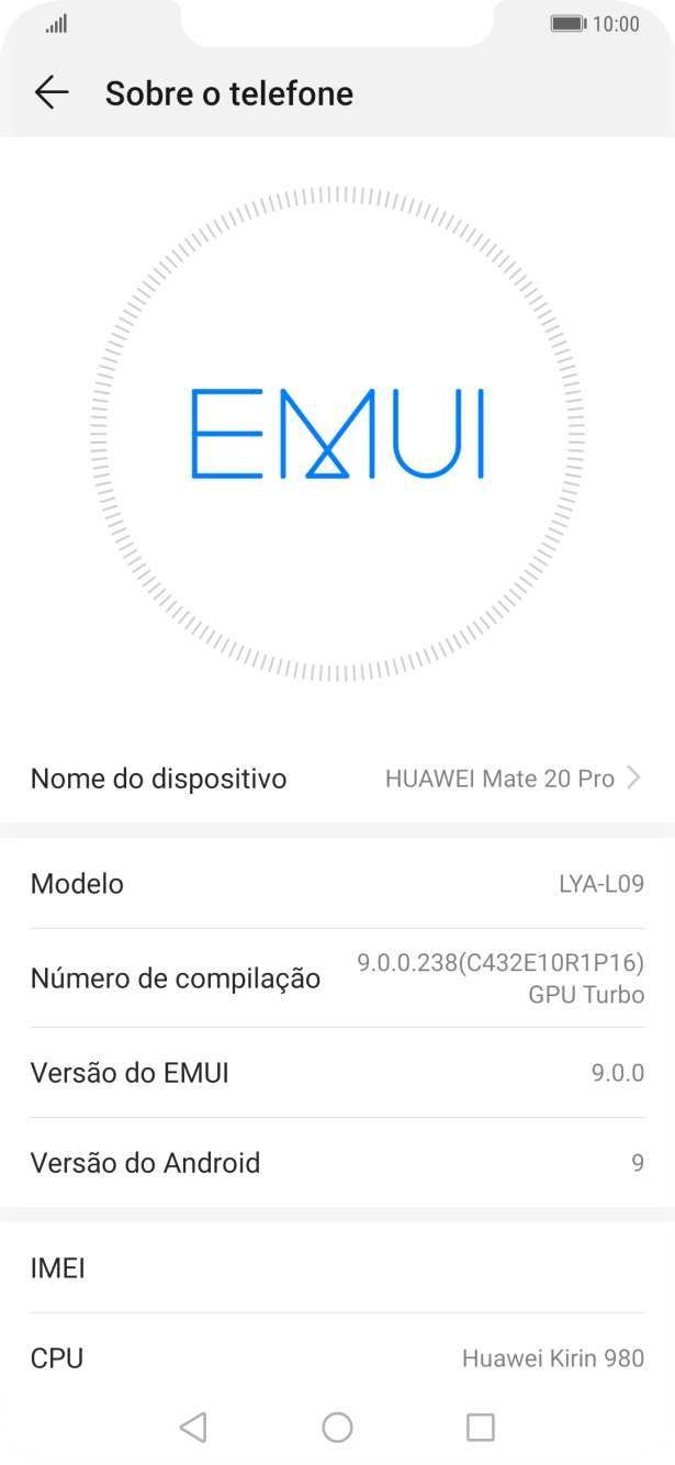 O código IMEI é mostrado no ecrã.