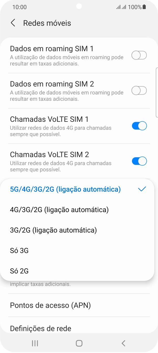 Prima o tipo de rede pretendido.