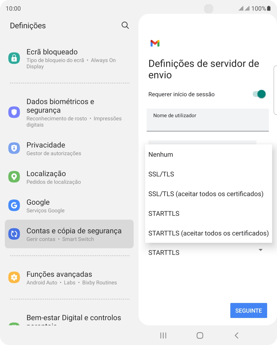 Prima STARTTLS para ativar a função.