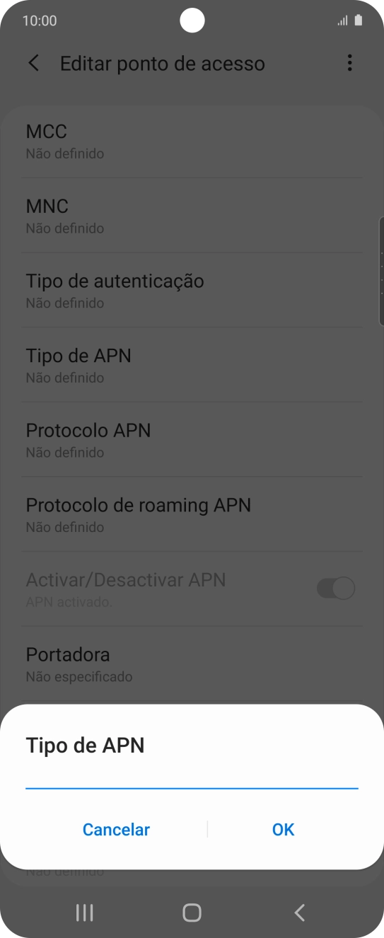 Introduza default e prima OK.