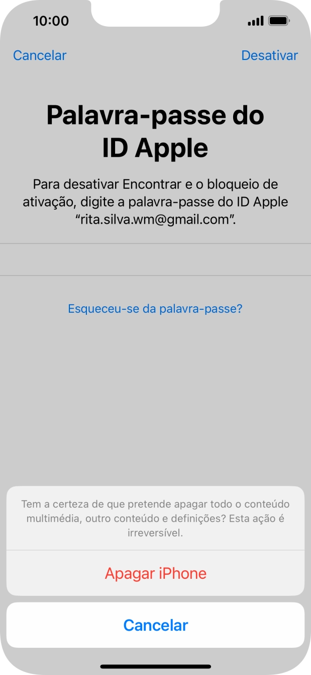 Introduza a password do ID Apple e prima Apagar iPhone. Aguarde um momento enquanto o telefone restabelece as definições originais. Siga as indicações no ecrã para configurar o telefone de modo que este fique pronto a ser utilizado.