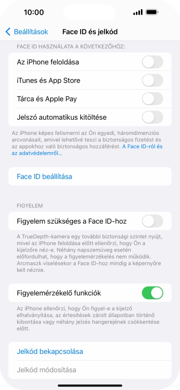Válaszd a Jelkód bekapcsolása lehetőséget, és írj be kétszer egymás után egy tetszőleges képernyőzárkódot.