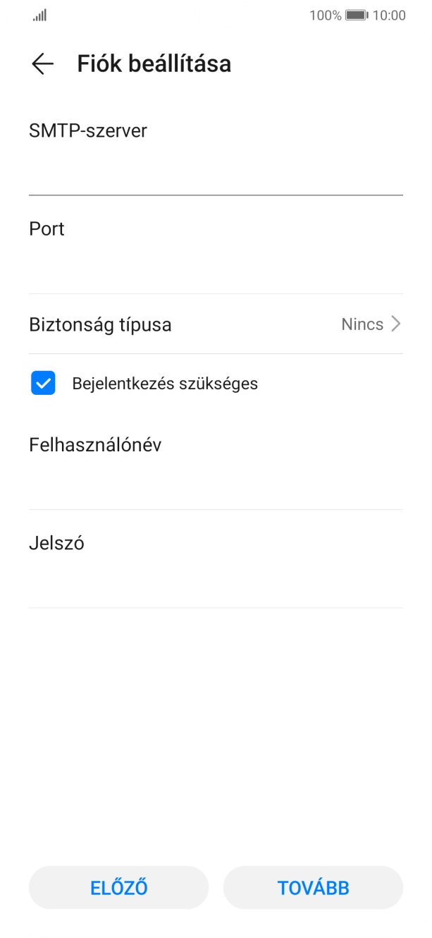 Kattints az „SMTP-szerver” alatti mezőre, és írd be az e-mail szolgáltatód kimenő szerverének a nevét.