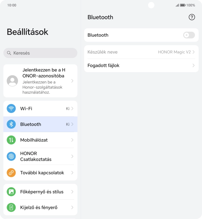 Kattints a „Bluetooth” melletti csúszkára a funkció bekapcsolásához.