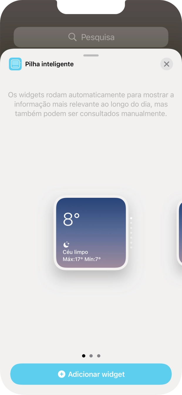 Para escolher a dimensão pretendida para o widget, deslize o dedo para a direita ou para a esquerda sobre o ecrã.