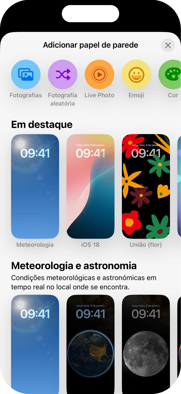 Prima a categoria pretendida e siga as indicações no ecrã para escolher a imagem de fundo pretendida.