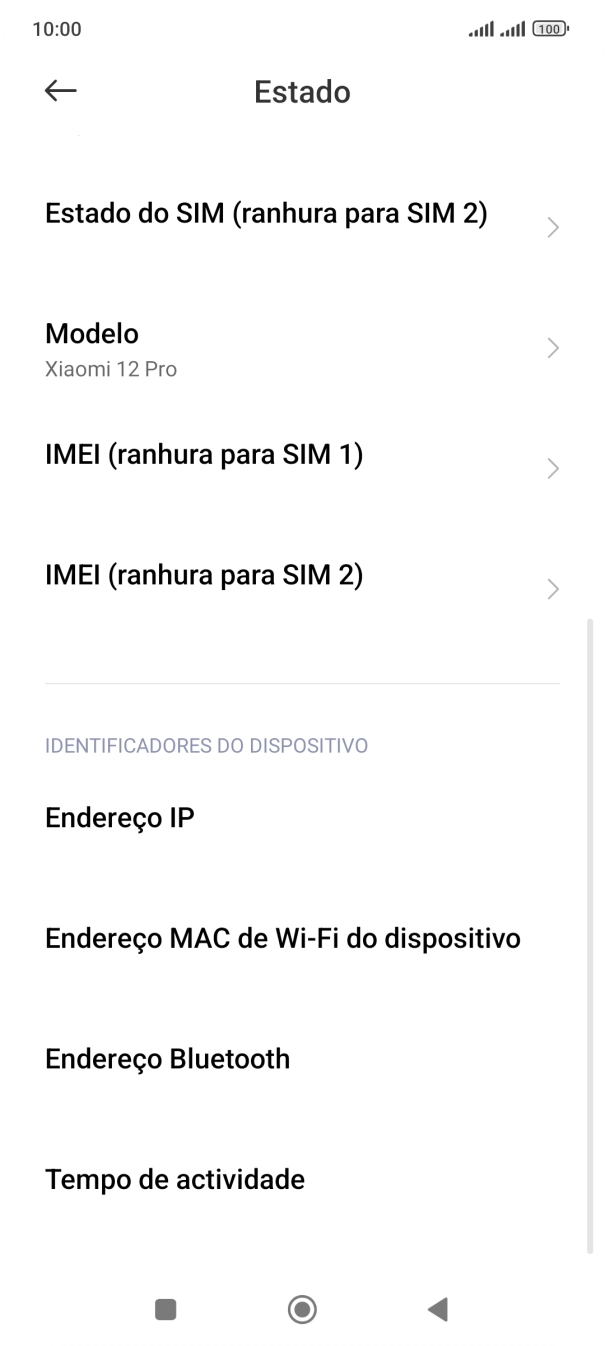 O código IMEI é mostrado no ecrã.
