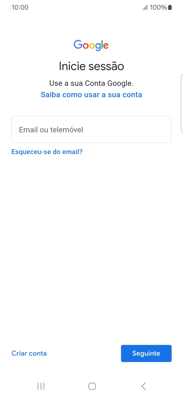 Se não tiver uma conta Google, prima Criar conta e siga as indicações no ecrã para criar uma conta.