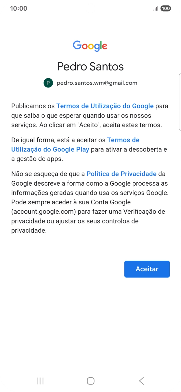 Prima Aceitar e siga as indicações no ecrã para escolher as definições da conta Google.