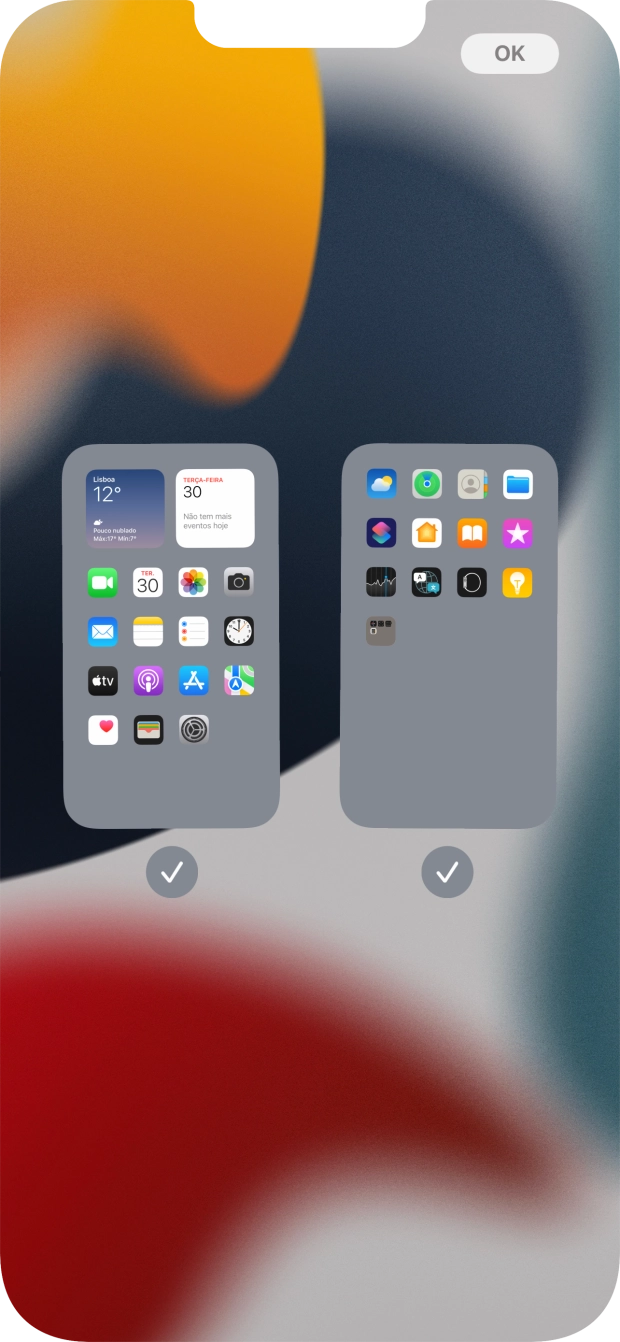 Prima os campos sob as páginas do ecrã inicial pretendidas, para ativar ou desativar a exibição de páginas.