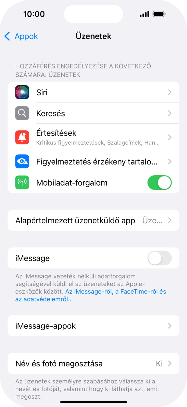 Kattints az „iMessage” melletti csúszkára a funkció bekapcsolásához.
