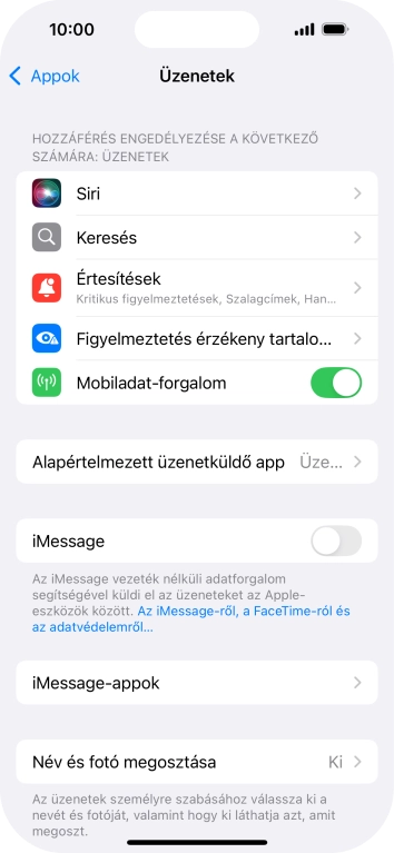 Kattints az „iMessage” melletti csúszkára a funkció bekapcsolásához.