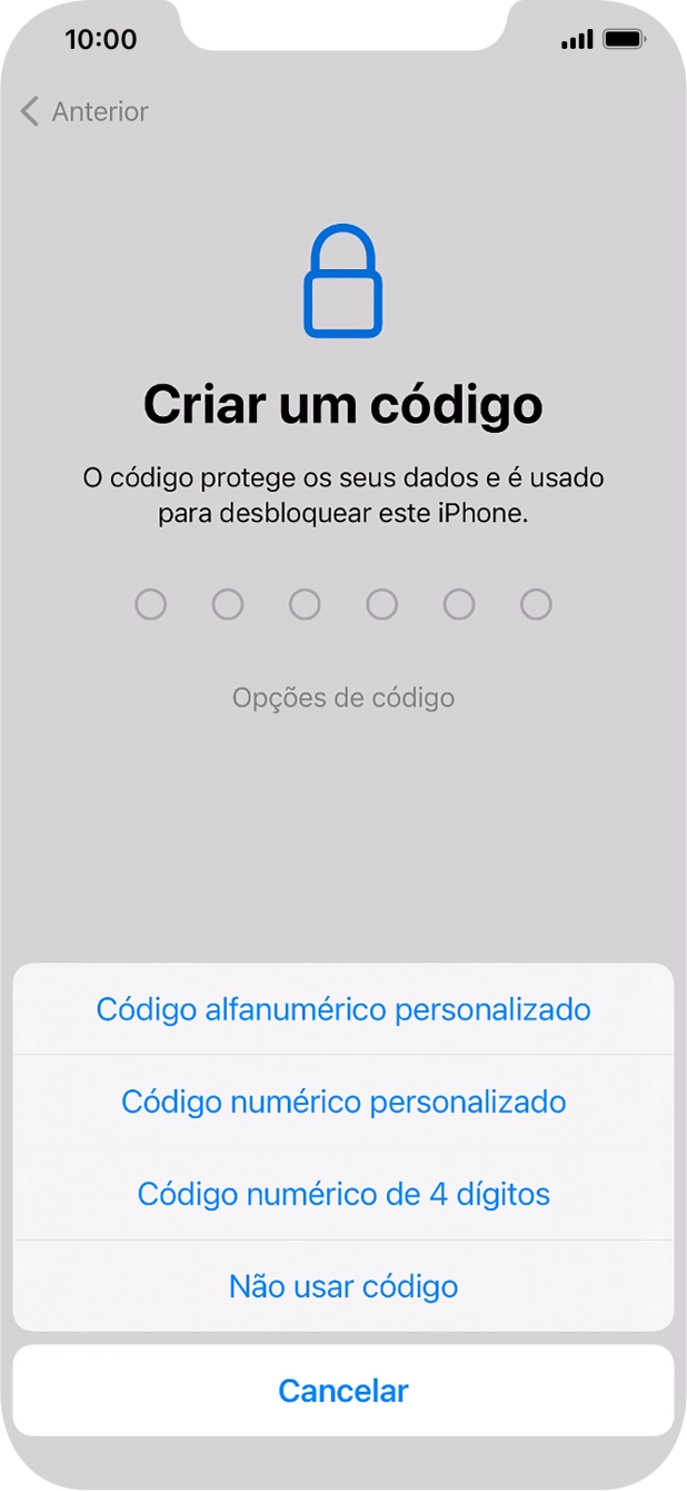 Siga as indicações no ecrã para ativar a utilização do código de bloqueio do telefone ou prima Não usar código.