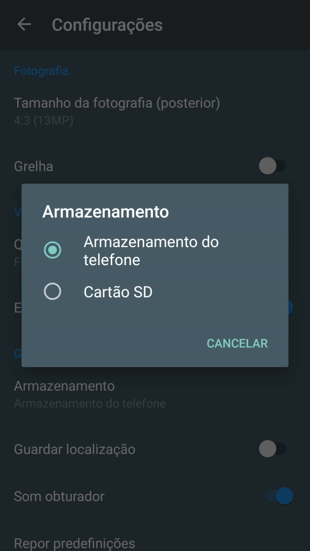 Prima Armazenamento do telefone para guardar as fotografias na memória do telefone.
