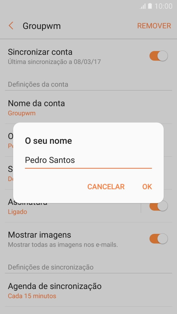 Introduza o nome de remetente e prima OK.