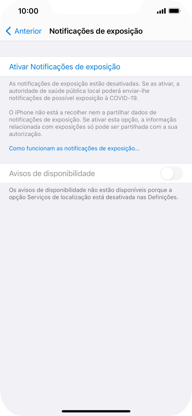 Prima Ativar Notificações de exposição.
