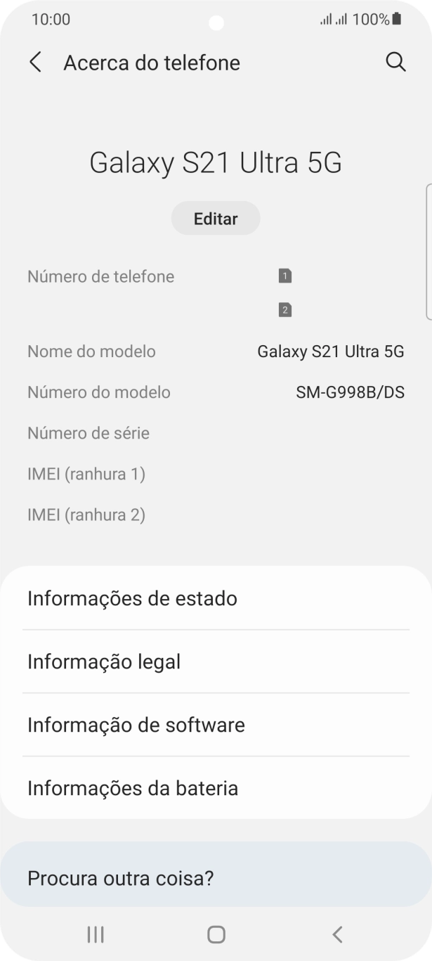 O código IMEI é mostrado no ecrã.