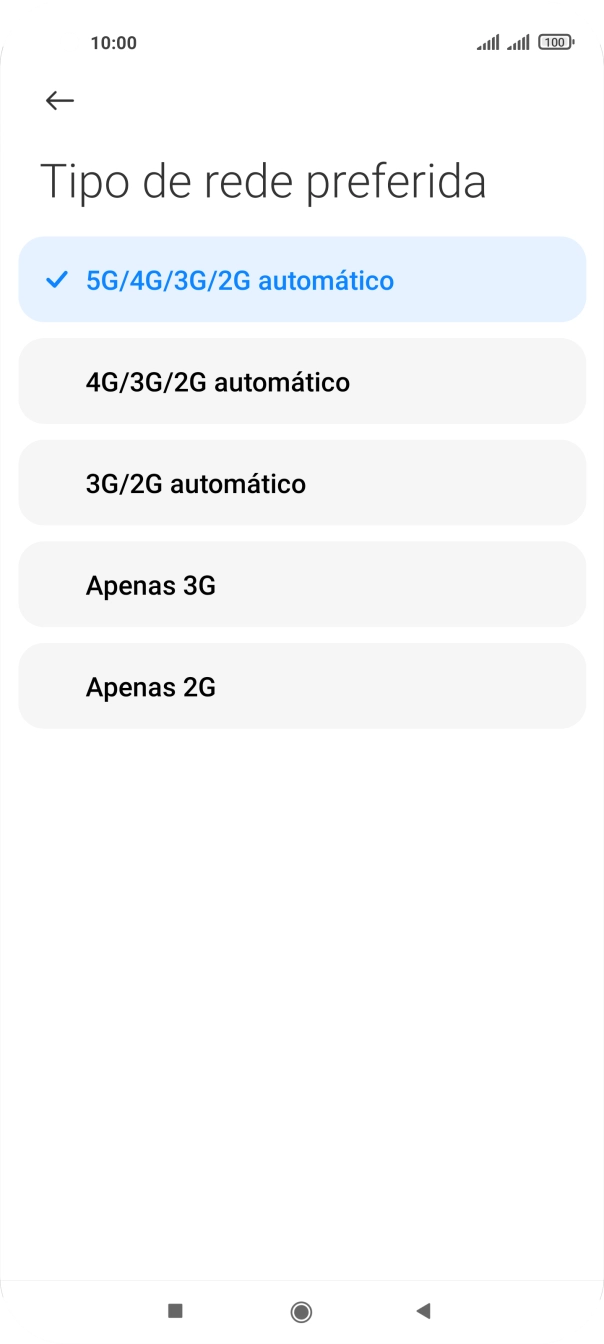 Prima o tipo de rede pretendido.