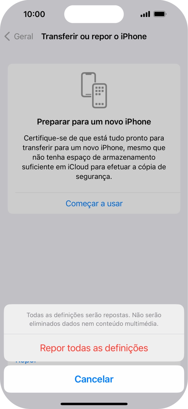 Prima Repor todas as definições.