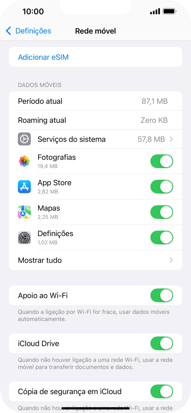 O consumo total de dados é mostrado junto a Período atual.