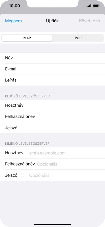 Kattints a Hosztnév mezőre, és írd be az e-mail szolgáltatód kimenő szerverének a nevét.