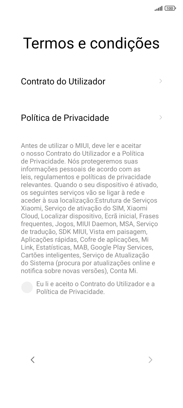 Prima o campo para aceitar os termos e condições.