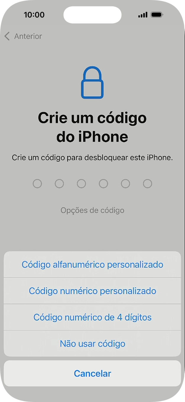 Siga as indicações no ecrã para ativar a utilização do código de bloqueio do telefone ou prima Não usar código.