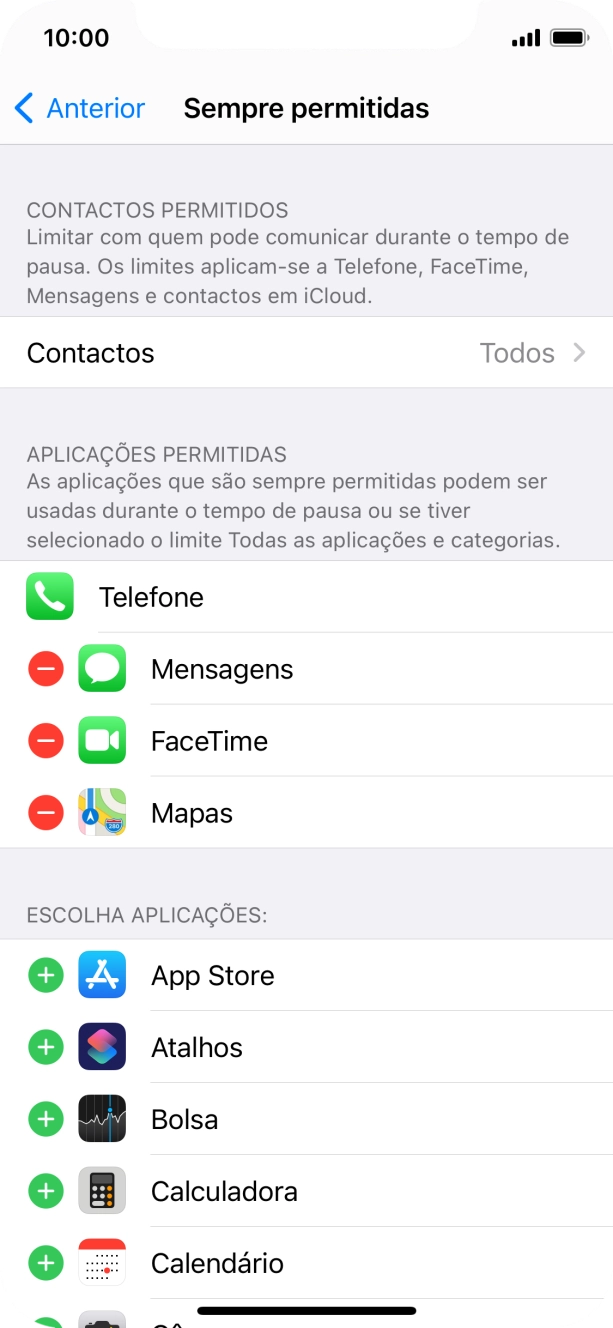 Prima o ícone para adicionar junto da app pretendida para a adicionar à lista de apps permitidas durante o Tempo de pausa.