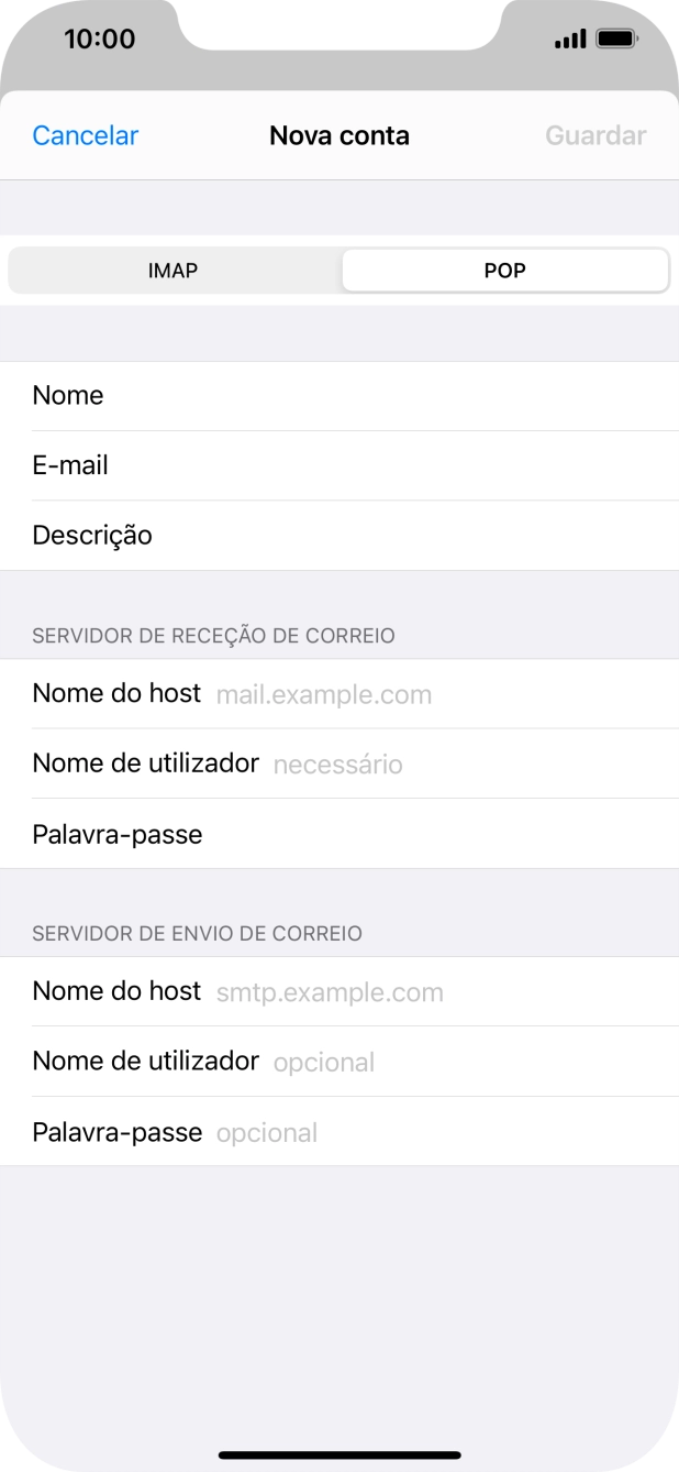 Prima Nome do host e introduza o nome do servidor de receção do fornecedor de e-mail.
