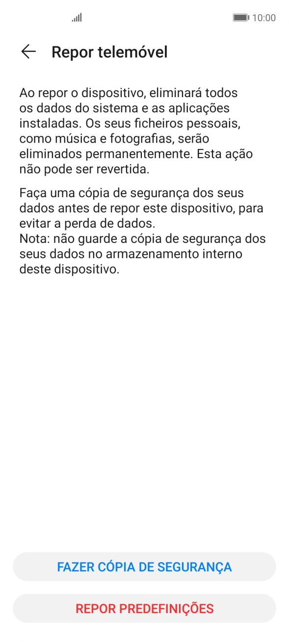 Prima REPOR PREDEFINIÇÕES. Aguarde um momento enquanto o telefone restabelece as definições originais. Siga as indicações no ecrã para configurar o telefone de modo que este fique pronto a ser utilizado.