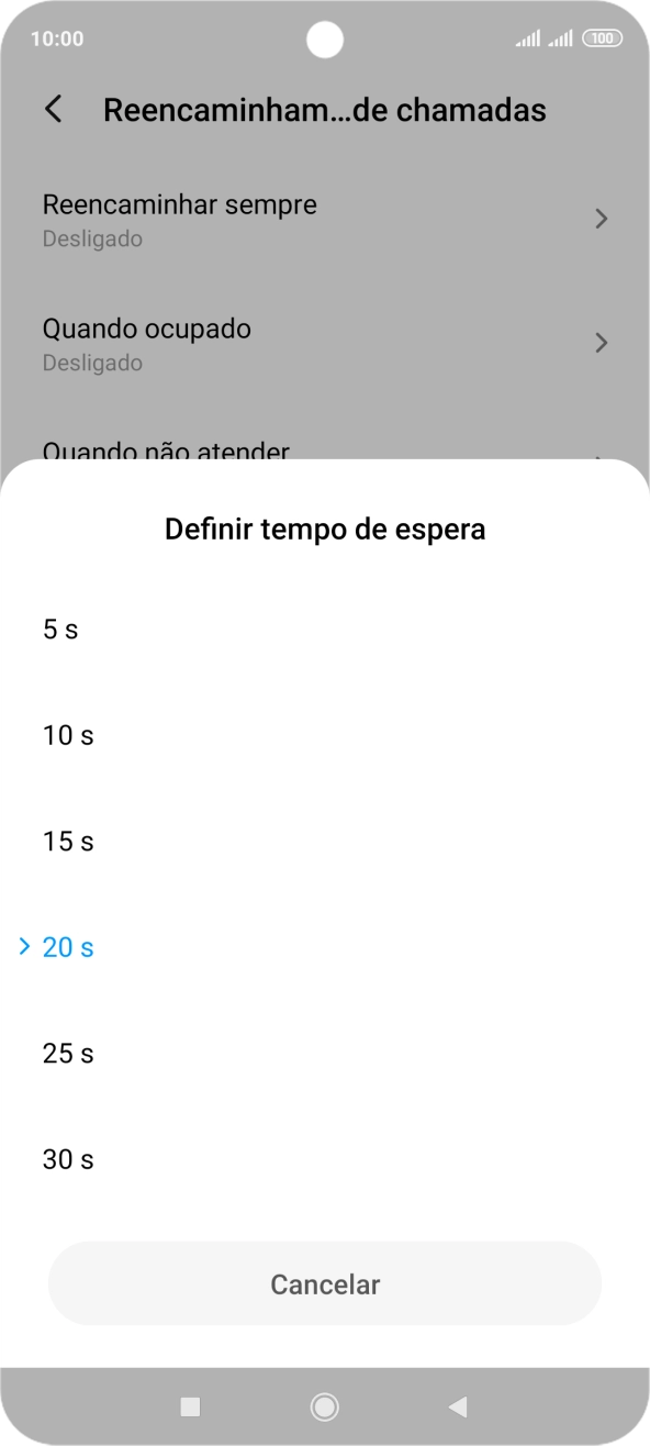 Se desviar as chamadas não atendidas escolha o tempo de atraso para desvio. Prima o tempo de atraso pretendido e siga as indicações no ecrã para escolher o tempo de atraso para desvio de chamadas.