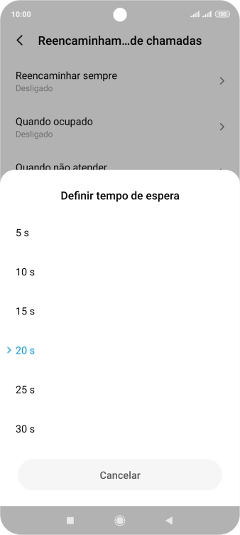Se desviar as chamadas não atendidas escolha o tempo de atraso para desvio. Prima o tempo de atraso pretendido e siga as indicações no ecrã para escolher o tempo de atraso para desvio de chamadas.