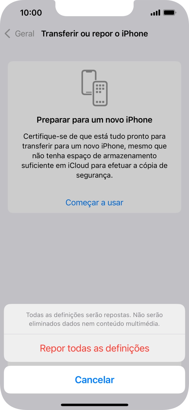 Prima Repor todas as definições. Aguarde um momento enquanto o telefone restabelece as definições originais. Siga as indicações no ecrã para configurar o telefone de modo que este fique pronto a ser utilizado.