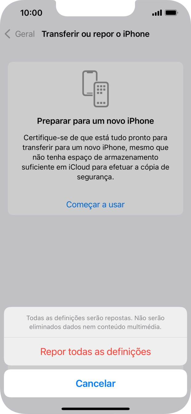 Prima Repor todas as definições. Aguarde um momento enquanto o telefone restabelece as definições originais. Siga as indicações no ecrã para configurar o telefone de modo que este fique pronto a ser utilizado.
